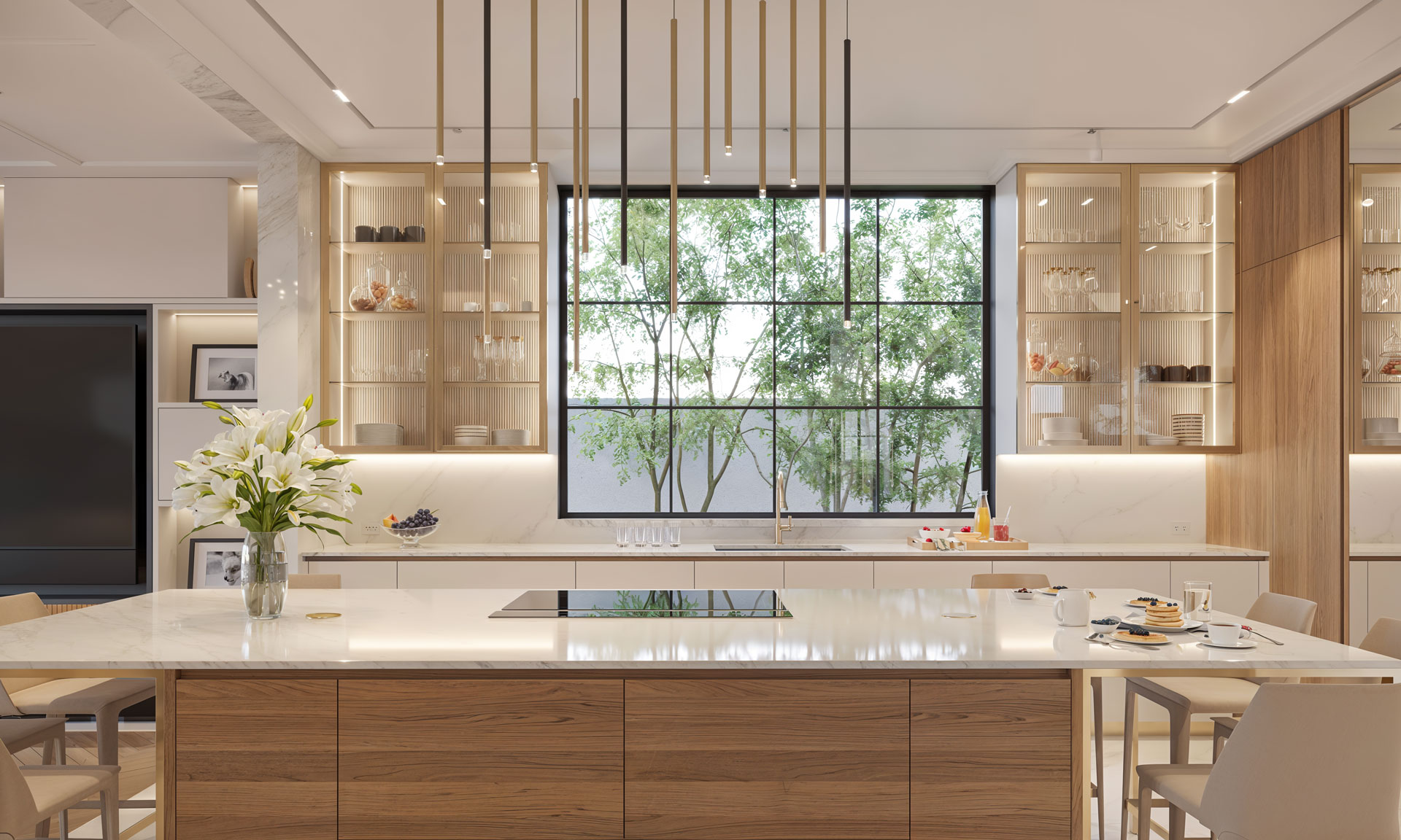 Calabasas Residence — maßgefertigte Küche mit Nussbaum-Einbauten und Messing-Oberschränken